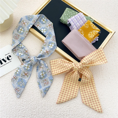 Vintage Narrow Long Scarf Thin Polyester Satin Like Floral Polka Dot Plaid Print For Bag Hair Neck Decoration Women