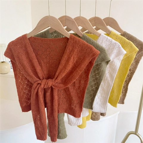 Dames Gebreide Gehaakte Sjaal Warm Polyester Winter Schouderdoek Met Strikband Retro Stijl Decoratie