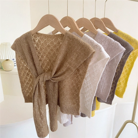 Dames Gebreide Gehaakte Sjaal Warm Polyester Winter Schouderdoek Met Strikband Retro Stijl Decoratie