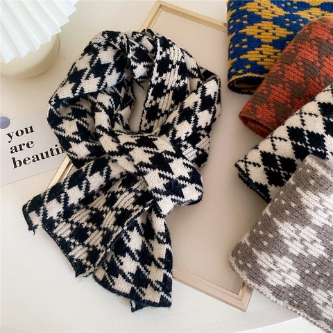 Women Winter Knitted Scarf Thick Warm Soft Neck Warmer Vintage Houndstooth Argyle Geometric Pattern Shawl For Outdoors