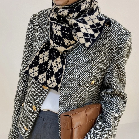 Women Winter Knitted Scarf Thick Warm Soft Neck Warmer Vintage Houndstooth Argyle Geometric Pattern Shawl For Outdoors