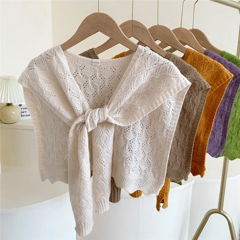 Chal De Punto Calado Cuello Falso Crochet Retro Borde Ondulado Lazo Delantero Envoltura Elegante Mujer