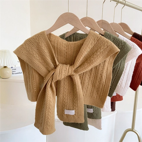 Scialle In Maglia Da Donna Finto Colletto Trecce Traforato Con Lacci Sciarpa Da Spalla Accessorio Moda Inverno