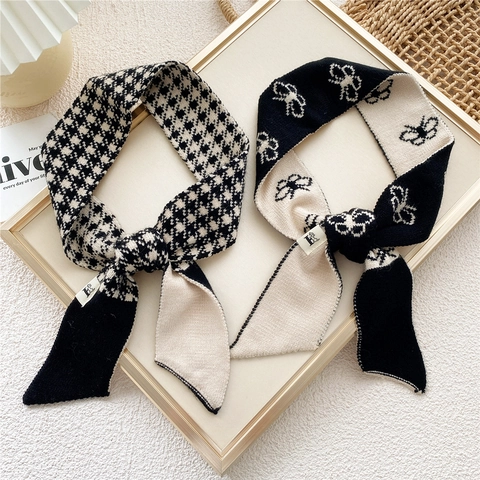 Sciarpa Stretta In Maglia Da Donna Motivo Pied De Poule Cravatta Inverno Moda Accessorio Per Borsa Nastro Stile Vintage Francese