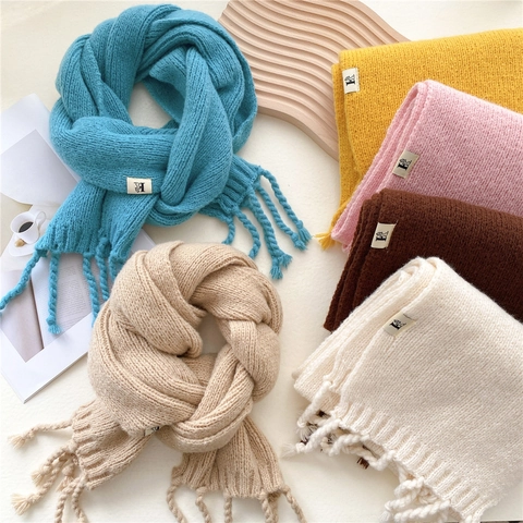 Solid Color Knit Scarf Thick Warm Winter Long Scarf With Tassels Japanese Style For Women