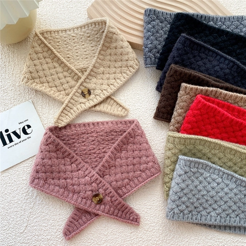 Knitted Neck Warmer Scarf With Button Thick Warm Winter Neck Gaiter Soft Acrylic Solid Color Korean Style For Women
