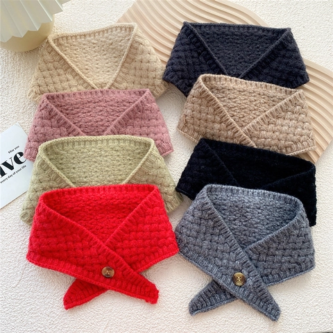 Knitted Neck Warmer Scarf With Button Thick Warm Winter Neck Gaiter Soft Acrylic Solid Color Korean Style For Women