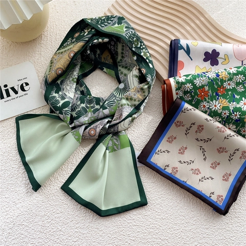Long Narrow Scarf Satin Feeling Polyester Satin Floral Geometric Print Decorative Neckerchief Hair Band Ribbon Women