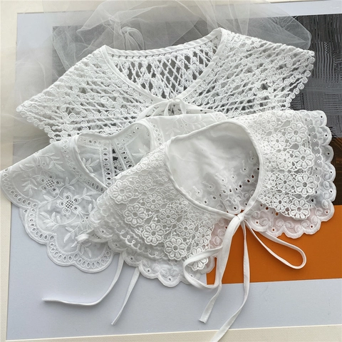 Cuello Desmontable De Encaje Blanco Mujer Bordado Hueco Chal Floral Cuello Falso Decorativo Borde Festoneado Para Vestidos