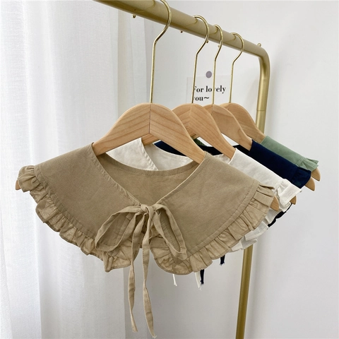 Women Retro Ruffle Fake Collar Detachable Cotton Linen Solid Color Decorative Neck Wrap With Bow Tie