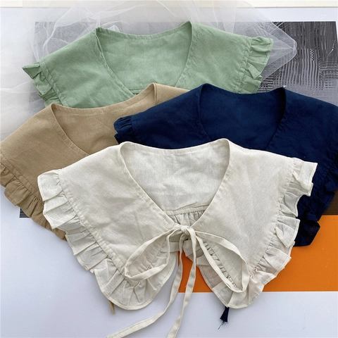 Women Retro Ruffle Fake Collar Detachable Cotton Linen Solid Color Decorative Neck Wrap With Bow Tie