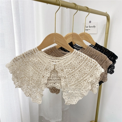Colletto Rimovibile In Pizzo All'uncinetto Scialle Decorativo A Fiori Con Bottone Di Perla Artificial Retrò Elegante Donna