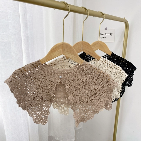 Colletto Rimovibile In Pizzo All'uncinetto Scialle Decorativo A Fiori Con Bottone Di Perla Artificial Retrò Elegante Donna