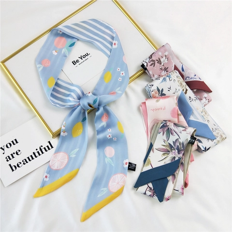 Women Elegant Satin Silk-Like Narrow Long Scarf Hair Ribbon For Bag Handle Wrap Vintage Floral Fruit Print Neck Scarf