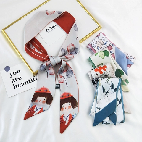 Women Elegant Satin Silk-Like Narrow Long Scarf Hair Ribbon For Bag Handle Wrap Vintage Floral Fruit Print Neck Scarf