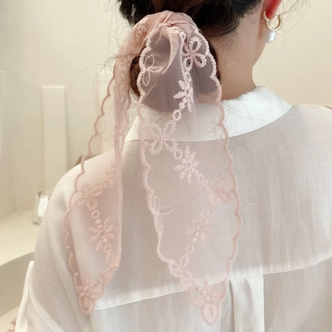 Elegant Lace Skinny Scarf Floral Embroidery French Vintage Neck Tie Hair Ribbon Streamer For Bags Women Accessories