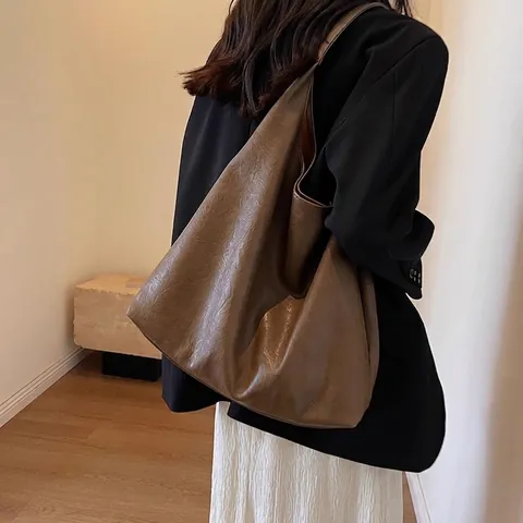 Bolso Hobo De Cuero PU Retro De Gran Capacidad Para Mujer Bolso De Hombro Color Sólido Bolso De Mano