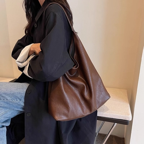 Bolso Hobo De Cuero PU Retro De Gran Capacidad Para Mujer Bolso De Hombro Color Sólido Bolso De Mano
