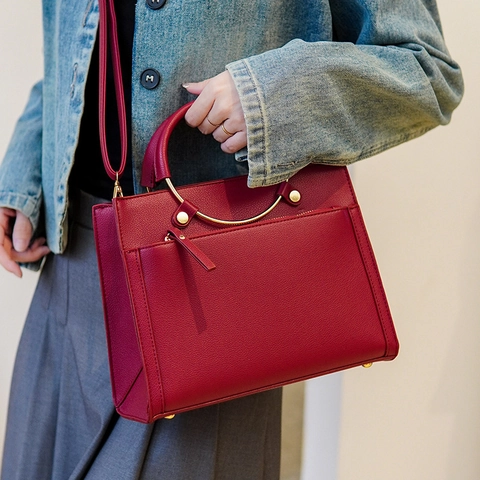 Borsa Da Donna Pelle PU Trama Litchi Manico In Metallo Dorato Borsa A Tracolla Elegante Quotidiana Matrimonio Grande Capacità