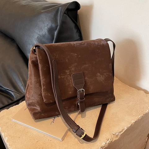 Borsa A Spalla In Pelle PU Smerigliata Vintage Grande Capacità Fibbia A Patta Borsa A Tracolla Retro Per Donna