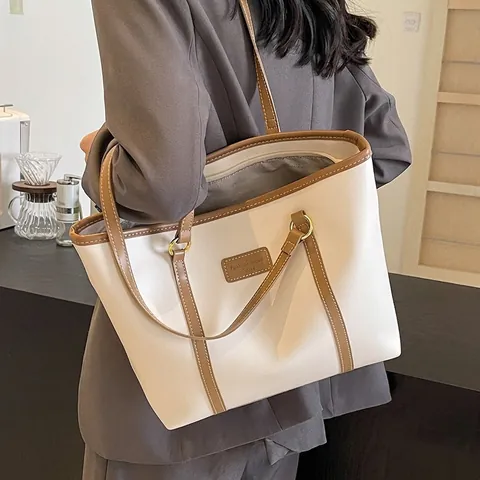 Borsa Tote Grande Capacità Donna Pelle PU Colore A Contrasto Borsa A Tracolla Per Pendolarismo Stile Vintage Ufficio Scuola Borsa A Mano