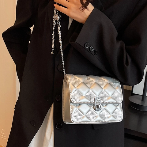 Women Quilted Chain Crossbody Bag PU Leather Flap Shoulder Handbag Silver Hardware Metal Ball Decor Chic Street Fashion