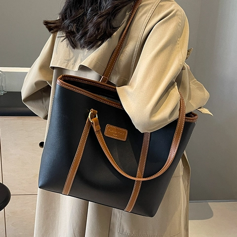Borsa Tote Grande Capacità Donna Pelle PU Colore A Contrasto Borsa A Tracolla Per Pendolarismo Stile Vintage Ufficio Scuola Borsa A Mano