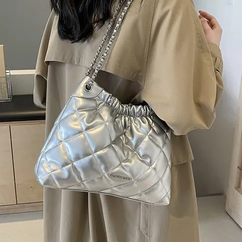 Gesteppte Rhomben Beuteltasche PU Leder Große Kapazität Kette Umhängetasche Falten Chic Street Style Damen