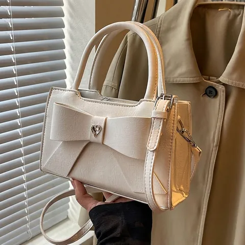 Women PU Leather Crossbody Bag Large Bow Decor Heart Rhinestone Chic Handbag Small Square Tote Adjustable Strap