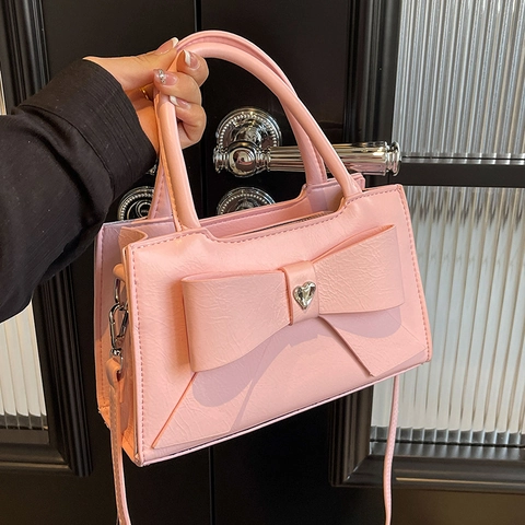 Women PU Leather Crossbody Bag Large Bow Decor Heart Rhinestone Chic Handbag Small Square Tote Adjustable Strap