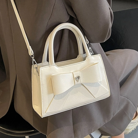 Women PU Leather Crossbody Bag Large Bow Decor Heart Rhinestone Chic Handbag Small Square Tote Adjustable Strap