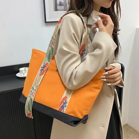 Canvas Tote Bag Große Kapazität Color Block Floral Bestickt Breiter Gurt Schulter Handtasche Pendeln Reise Casual Damen