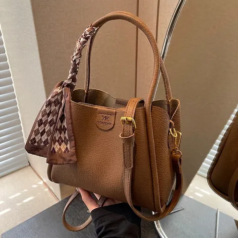 Damen Eimer Handtasche Lychee Narben PU Leder Schal Griff Retro Vielseitige Schulter Umhängetasche Chic