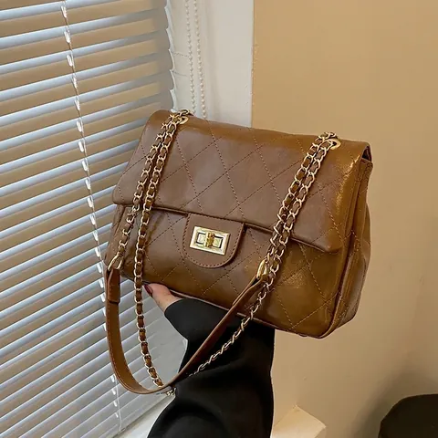 Quilted Shoulder Bag PU Leather Metal Chain Strap Flap Crossbody Bag Elegant Vintage Versatile Square Handbag For Women