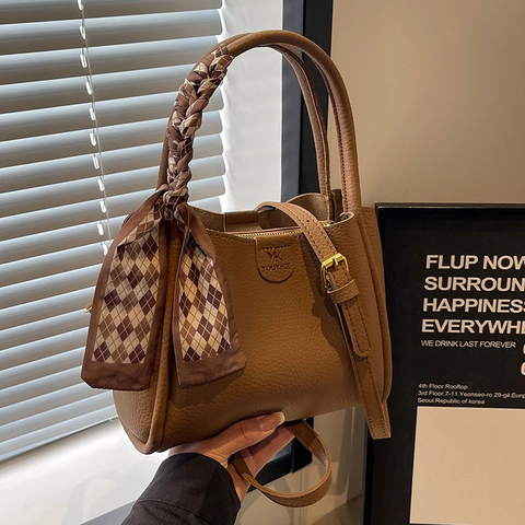 Damen Eimer Handtasche Lychee Narben PU Leder Schal Griff Retro Vielseitige Schulter Umhängetasche Chic