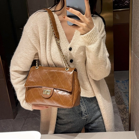 Quilted Shoulder Bag PU Leather Metal Chain Strap Flap Crossbody Bag Elegant Vintage Versatile Square Handbag For Women