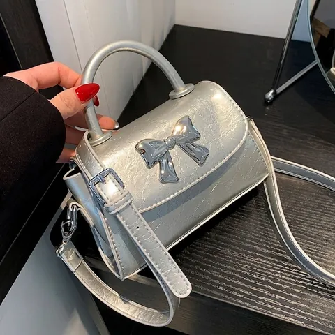 Mini Borsa A Mano Da Donna Pelle PU Fiocco Metallico Manico Superiore Borsa A Tracolla Piccola Borsa Quadrata Alla Moda Versatile