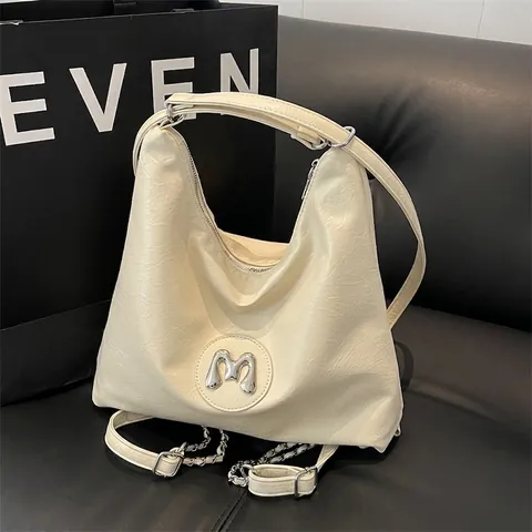 Vintage Damen Hobo Tasche Aus Gehäkeltem PU Leder Große Kapazität Schultertasche Mit Metall M Logo Und Kette