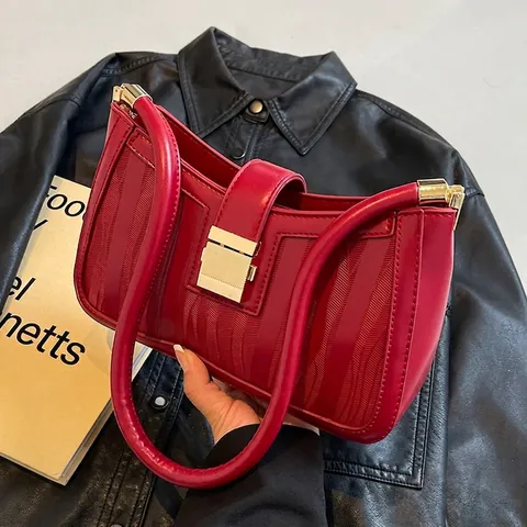Damen PU Leder Achseltasche Wellenprägung Goldenes Metallschloss Retro Chic Schultertasche Elegante Hochzeit Braut Accessoire