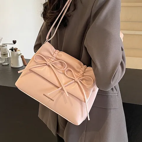 Borsa A Spalla Tote Da Donna Pelle PU Fiocco Arricciato Grande Capacità Pendolare Casual Versatile Borsa Sottoascellare