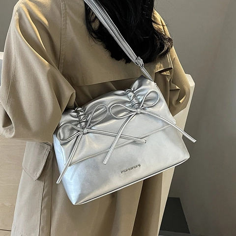 Borsa A Spalla Tote Da Donna Pelle PU Fiocco Arricciato Grande Capacità Pendolare Casual Versatile Borsa Sottoascellare