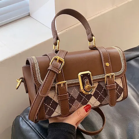 Vintage Crossbody Handbag PU Leather Spliced Argyle Fabric Golden Turn-Lock British Academic Style For Women