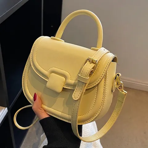 Retro PU Leather Saddle Crossbody Bag With Top Handle And Adjustable Strap Minimalist Square Buckle Handbag For Women