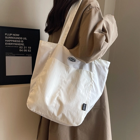 Large Capacity Canvas Fabric Tote Bag Versatile Shoulder Handbag For Women Solid Color Commuter Shopping Bag