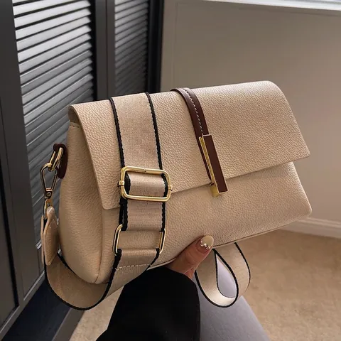 Damen Crossbody Schultertasche PU Leder Litchi Textur Klappe Goldschnalle Breiter Verstellbarer Riemen Minimalistisch