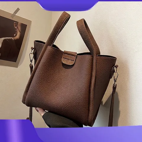 Women PU Pebbled Leather Bucket Bag Large Capacity Vintage Tote Handbag With Pouch Adjustable Strap Solid Color