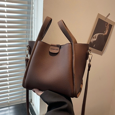 Women PU Pebbled Leather Bucket Bag Large Capacity Vintage Tote Handbag With Pouch Adjustable Strap Solid Color