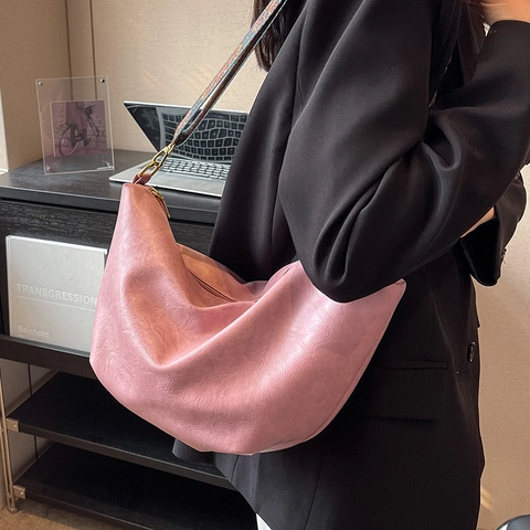 Women Large Capacity Hobo Bag PU Leather Crescent Crossbody With Ethnic Wide Strap Golden Hardware Shoulder Travel