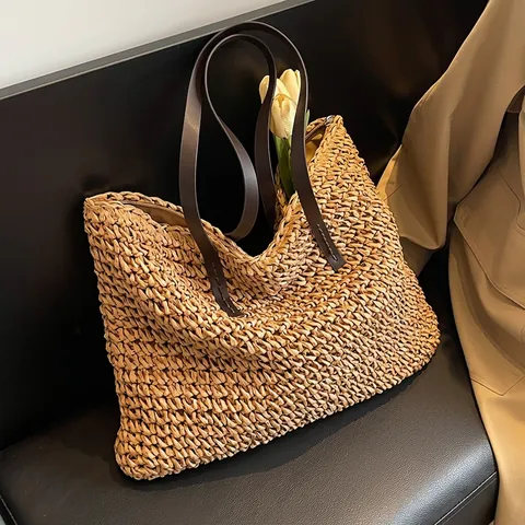 Gewebte Tragetasche Große Kapazität Stroh Handgefertigt Mit Leder Schultergurt Strand Urlaub Pendler Handtasche Für Damen