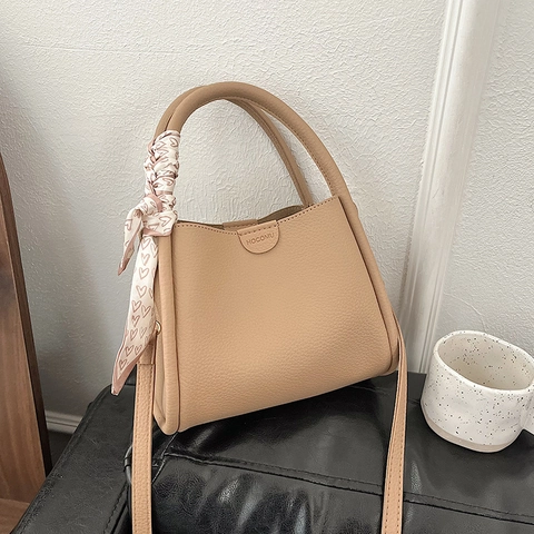 Borsa a Secchiello in Pelle PU Vintage con Texture Litchi per Donna Borsa a Mano Retro con Sciarpa Decorativa Grande
